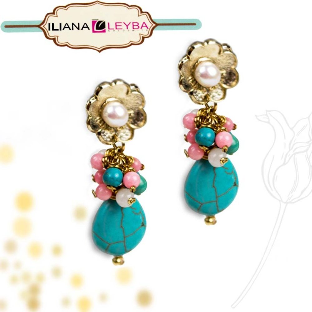 Iliana Leyba Turquoise, Pearl /Pink Jade Earrings